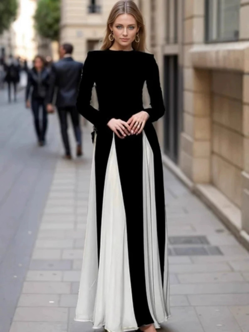 Fall Winter Round Neck Color Block Long Sleeve High Waist Slim Chic Retro Dress